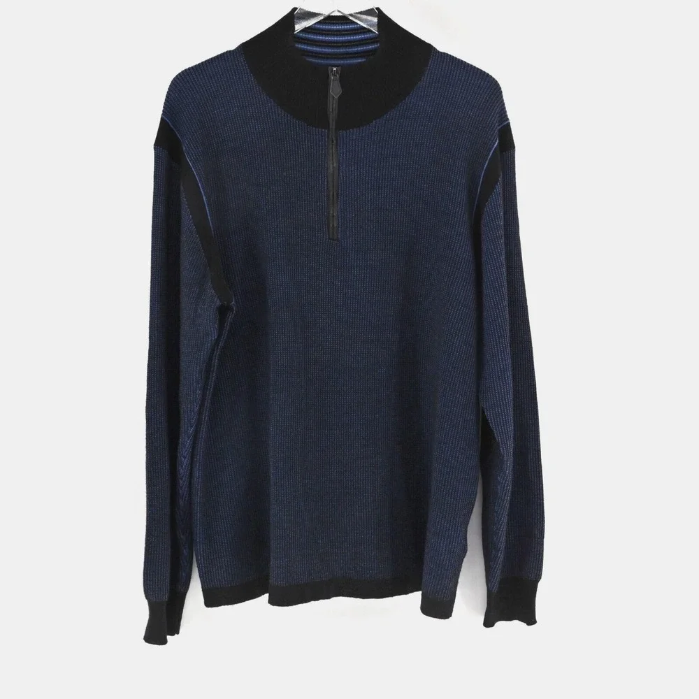 ROBERT GRAHAM Mens Blue Quarter Zip Sweater Sz XL Wool Waffle Knit Pullover Mock